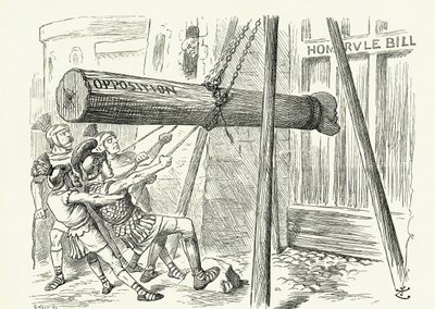 A támadás: Gladstone liberális otthoni törvényjavaslata, amelyet a konzervatív ellenzék támadott meg egy ütős kos Lord Salisbury vezető fejével. John Tenniel rajzfilm a londoni "Punch"-ból alkotó: John Tenniel