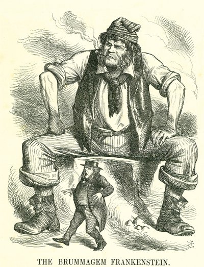 A Brummagem Frankenstein: Parlament reformja – a franchise kiterjesztése. John Bright egy birminghami reformtalálkozón azt mondta, hogy nem fél a férfiak általános választójogától. John Tenniel rajzfilm a 