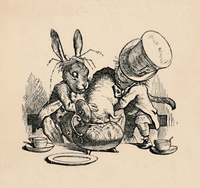 Az őrült kalapos és a márciusi nyúl megpróbálja a Dormouse-t egy teáskannába tenni, 1889 alkotó: John Tenniel
