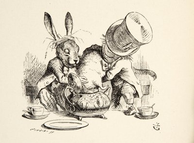 Az Őrült Kalapos és a márciusi nyúl, aki a teáskannába dugja a nyuszit, Lewis Carroll (1832 - 98) Alices kalandjai Csodaországban című művéből, kiad. 1891 alkotó: John Tenniel