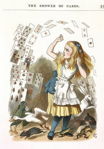 A kártyazápor. Illusztráció: Alice Csodaországban, Lewis Carroll. 1890 alkotó: John Tenniel