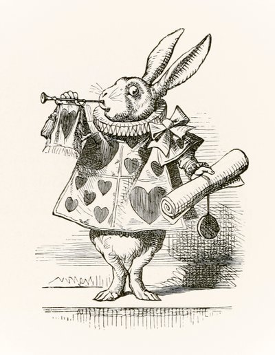 A vádat hirdető fehér nyúl trombitával és tekercssel Lewis Carroll „Alice Csodaországban” című művéből, amely először 1865-ben jelent meg alkotó: John Tenniel