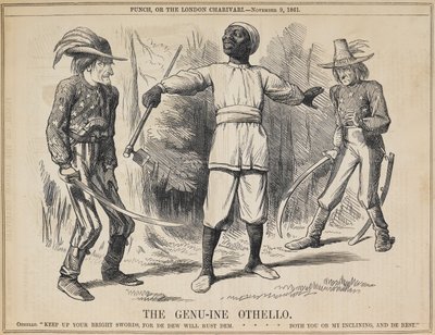"Az igazi Othello". Lincoln és Davis elnök között egy fekete mezős kéz Othello karakterét ölti. Arra kéri a két versengő erőt, hogy burkolják be a fegyvereiket, és az I. felvonás 2. jelenetének két külön szakaszából levont sorokat mond [l alkotó: John Tenniel