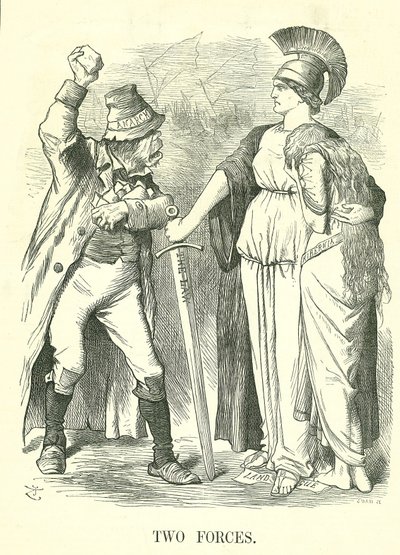 Két erő: Az Irish Land League betiltották. Britannia a Force of Law segítségével védi Hiberniát (Írország) az Anarchia Erőjével szemben. John Tenniel rajzfilm a londoni Punchból, 1881. október 29-én. alkotó: John Tenniel