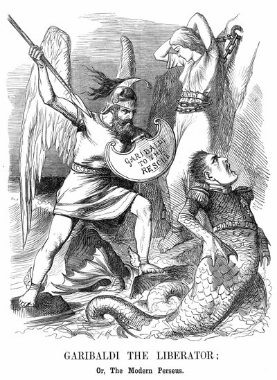Olaszország egyesítése: Giuseppe Garibaldi (1807-1882), olasz hazafi, meghódítja Szicíliát és Nápolyt az új olasz királyság nevében. John Tenniel rajzfilm a londoni Punchból alkotó: John Tenniel