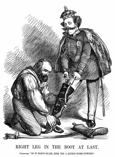 Olaszország egyesítése: Giuseppe Garibaldi (1807-1882) segített II. Viktor Emmanuelnek (1820-78) felvenni Olaszország csizmáját. John Tenniel rajzfilm a londoni Punchból alkotó: John Tenniel