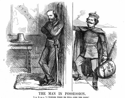 Olaszország egyesítése: II. Viktor Emmánuel (1820-1878), Olaszország első királya 1861 februárjától, bekopogtat Nápoly ajtaján, amelyet Garibaldi (1807-1882) vörösingeseivel meghódított az új Olasz Királyság nevében. John Tenniel rajzfilm Puncból alkotó: John Tenniel
