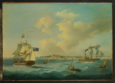 Egy 44 ágyús fregatt, egy utasszállító gőzhajó és egyéb szállítmányok St.Peter Port, Guernsey, 1825 alkotó: John Thomas Serres
