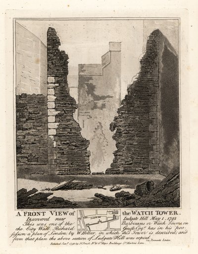 Az Őrtorony vagy a Barbakán elölnézete a városfalban, felfedezve a Ludgate-hegy közelében, 1792. május 1. alkotó: John Thomas Smith