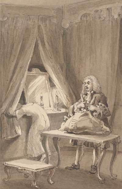 Hogarth, miután a felesége új hálóinget vett fel, megköti Sir James Thornhillnek küldendő dolgait egy levéllel, amelyben azt mondta neki: „Smoking nélkül vitte el a lányát. alkotó: John Thomas Smith