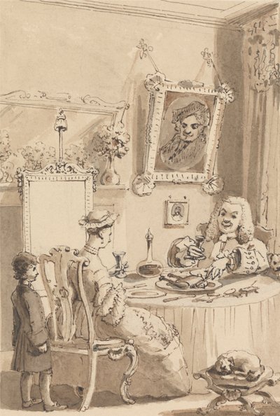 Hogarth megissza az első pohár bort a feleségével – a kutyáik tiszteletteljes távolságot tartanak alkotó: John Thomas Smith