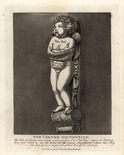Egy fiú emlékműve a Smithfield állambeli Pye Corneren, az 1666-os londoni tűz emlékére a közeli Pudding Lane-en alkotó: John Thomas Smith