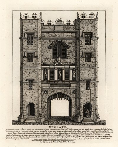 Newgate, 1672-ben a londoni tűzvész után újjáépített, három figurával: Igazságosság, Erősség és Megfontoltság az egykori kapuból, amelyet Richard Wittington londoni polgármester épített. alkotó: John Thomas Smith