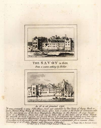A Savoyai Kórház 1650-ben Hollar Vencel nyomatából és 1792-ben romokban alkotó: John Thomas Smith