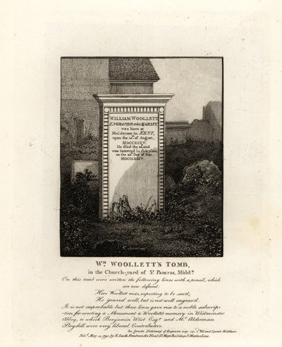 William Woollett királyi metsző 1735-ben elhunyt sírja a Middlesex állambeli St Pancras templomkertjében alkotó: John Thomas Smith
