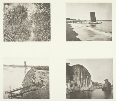 Egy országút Tajvanfu közelében, egy katamarán, láncszivattyúk, sziklafeliratok, Amoy, c. 1868. alkotó: John Thomson