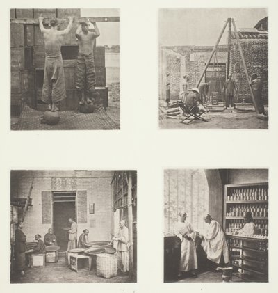 Illatos kapor és puskapor teák sodrása; Tea mérlegelése exportra; Egy teaház, Kanton; Egy teakóstoló terem, Kanton alkotó: John Thomson