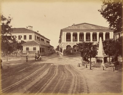 A Siemssen and Co. épülete és a Mindig Győzedelmes Hadsereg emlékműve, Sanghaj alkotó: John Thomson