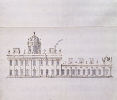 Castle Howard, Yorkshire: Egy sematikus ceruzavázlat, amely bemutatja az előtér szárnyainak fejlődését, 1699 körül (toll és barna tinta és szürke mosás) alkotó: John Vanbrugh