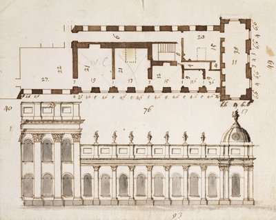 Castle Howard, Yorkshire: Korai tervezés a déli vagy a kerti front három öblére és kilenc öböl egyszintes alsó oldalszárnyára alaprajzi betéttel, 1699 körül (toll) alkotó: John Vanbrugh
