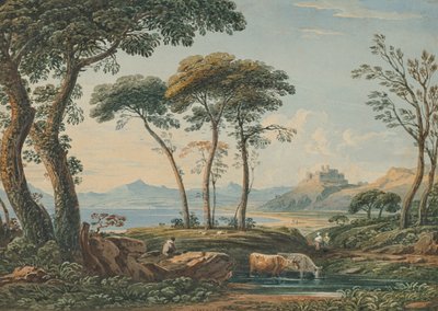 Távoli kilátás a Harlech kastélyra és a Snowdonra, Észak-Wales, Észak-Wales alkotó: John Varley