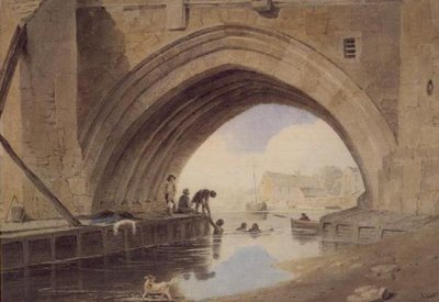 Gyerekek úsznak az Ouse híd alatt Yorkban alkotó: John Varley