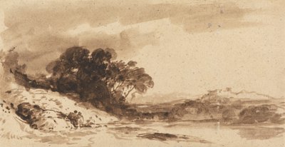 Folyói táj két figurával, a tóval és a távoli hegyekkel alkotó: John Varley