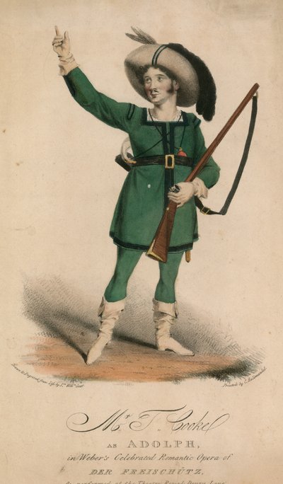 Mr. T. Cooke Adolph szerepében Weber híres romantikus operájában, a Der Freischutzban a Theatre Royal Drury Lane-ben. alkotó: John W. Gear