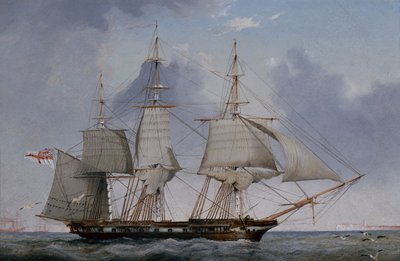 Ötödik osztályú, 36 ágyús fregatt Hove-To jobboldalon (olaj a panelen) alkotó: John Ward of Hull