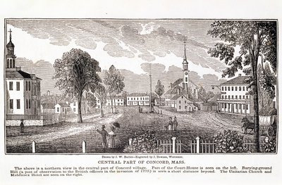 Concord központi része, a „Massachusetts Történelmi Gyűjteményéből”, John Warner Barber, metszett J. Downes, 1839 alkotó: John Warner Barber