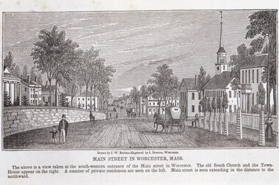 Worcester főutcája, a „Massachusetts Történelmi Gyűjteményéből”, John Warner Barber, metszett J. Downes, 1839 alkotó: John Warner Barber