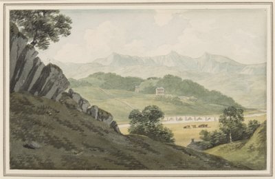Llanelltyd híd a Maw felett, a Barmouth és Dolgellau közötti úton, Hengwrt felé és azon túl Cader Idris felé, Merionethshire, 1790. július 16. (papíron wc) alkotó: John Warwick Smith