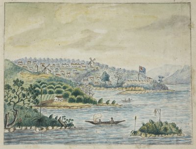 Hozzáadás. 13880, f.79 Egy brit gyarmat képe. Az előtérben bennszülöttek kenuban, a Minerva transzport fedélzetén tartott Journalból Írországból Új-Dél-Walesbe és Bengáliába, John Washington Price alkotó: John Washington Price