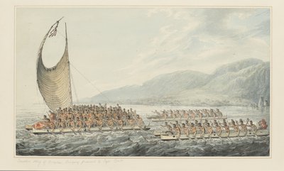 35: Tereoboo, Owyhee királya, ajándékokat hoz Cook kapitánynak Cook kapitány utolsó, 1773-84 körüli utazását illusztráló akvarellekből (akvarell papíron) alkotó: John Webber