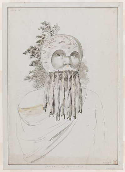 A man of the Sandwich Islands in a Mask. A man of the Sandwich Islands in a Mask consisting of a bowl headdress with cut-outs for eyes. alkotó: John Webber