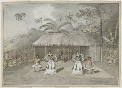 [Az egész rajz] Tánc vagy heiva az Otaheitében [Tahiti]. Két férfi és két nő táncol, mögöttük dobosok és nézők mindkét oldalon. 1777 szeptembere alkotó: John Webber