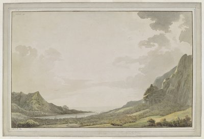 [Whole drawing]. A view from Aimeo Harbour [Papetoai Bay,] looking out towards the sea; the masts of the 