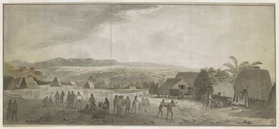 [A teljes rajz] Rajz Cook kapitány Waimea falujában tett látogatásáról, Atooi [Kauai], 1778. január. Egyes férfiak hordókat sodornak, mások hawaiiakkal csereberélnek. Jobb oldalon két bennszülött, akik egy póznára feszített disznót cipelnek. Mögöttük benns alkotó: John Webber