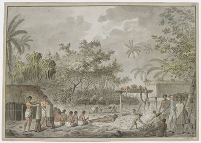 [Teljes rajz] Emberáldozat a Tahiti állambeli Attahouroo [Utuaimahurau] nagy morájánál, Cook kapitány szemtanúja volt 1777. szeptember 1-jén. Egy megkötözött alak az előtérben, mögötte férfiak ásnak lyukat a test számára, a mittában pedig két kutya van és  alkotó: John Webber