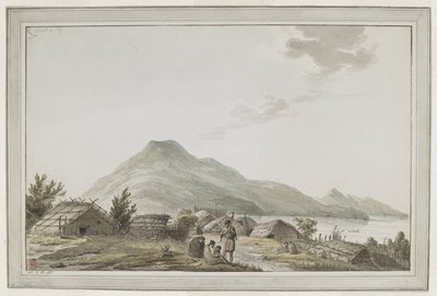 [Whole drawing] View of the Hippah, or fortified village, at the south-west point of Motuara in Queen Charlotte Sound. The view looks north, with Motuara in the background. The drawing may have resulted from Captain Cook