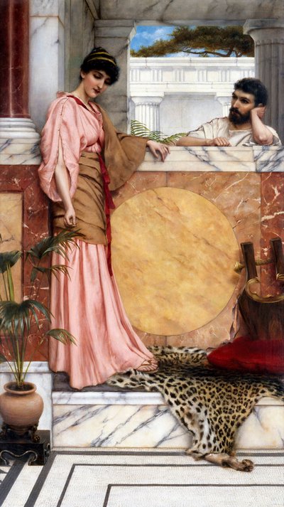 "Pár az ókorban, egy nemesi villában (római), a férfi mintha a nő válaszára várna. John William Godward (1861-1922) festménye 1889 Magántulajdonban lévő gyűjtemény. alkotó: John William Godward
