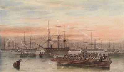 A balti flotta éjszaka, előtérben a hajóhordozókkal alkotó: John Wilson Carmichael