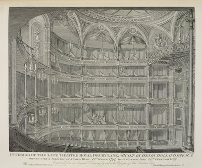 A londoni Drury Lane Late Theatre Royal belseje, Henry Holland építése, 1794, tűz pusztította el 1809-ben, metszet Dale, 1820 alkotó: John Winston