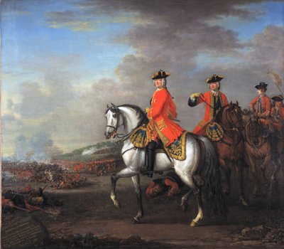 II. György király (1683-1760) a dettingeni csatában Cumberland hercegével és Roberttel, Holderness 4. grófjával, 1743. június 27., 1743 körül alkotó: John Wootton