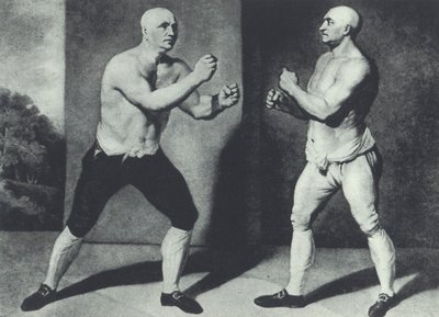 A korai brit meztelen bokszolók, John Broughton (balra) és George Stevenson 1741-ben harcolnak: Broughton feltalálta a bokszkesztyűt (mezzotint) alkotó: John Young