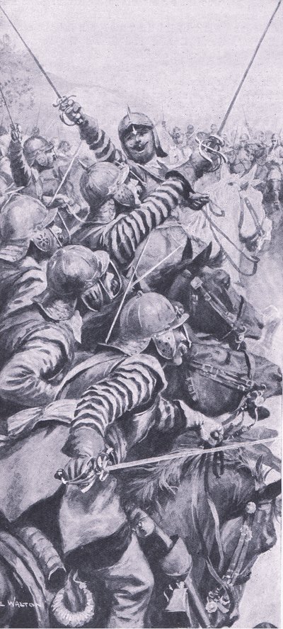 Lovasság harca az Edgehill-i csatában, 1642. október 23., illusztráció a brit szárazföldi és tengeri csatákból, 1915 alkotó: John de Walton