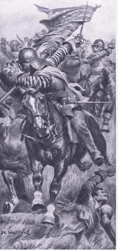 John Smith hadnagy visszafoglalja a király zászlóját Edgehillben, 1642. október 23., illusztráció a brit szárazföldi és tengeri csatákból, 1915 alkotó: John de Walton