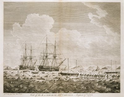 A „versenyló” és a „tetem” képe, 1773. augusztus 7., „Őfelsége parancsnoksága által vállalt utazás az Északi-sark felé 1773”, megjelent 1774. alkotó: John the Younger Cleveley