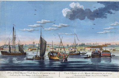 A királyi dokkok látképe Woolwichban, a Temze bal partján (Anglia), Kent megyében. John Clevely the Younger (1747-1786) színes metszete. alkotó: John the Younger Cleveley