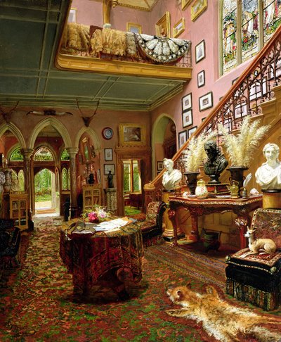 Egy tájház előszobája és lépcsőháza, 1888 alkotó: Jonathan Pratt
